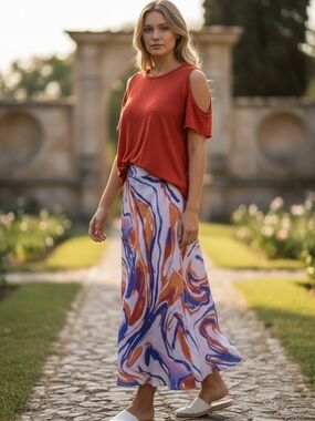 Anthropologie Marble-Print Maxi Skirt NWT& ORANGE TOP